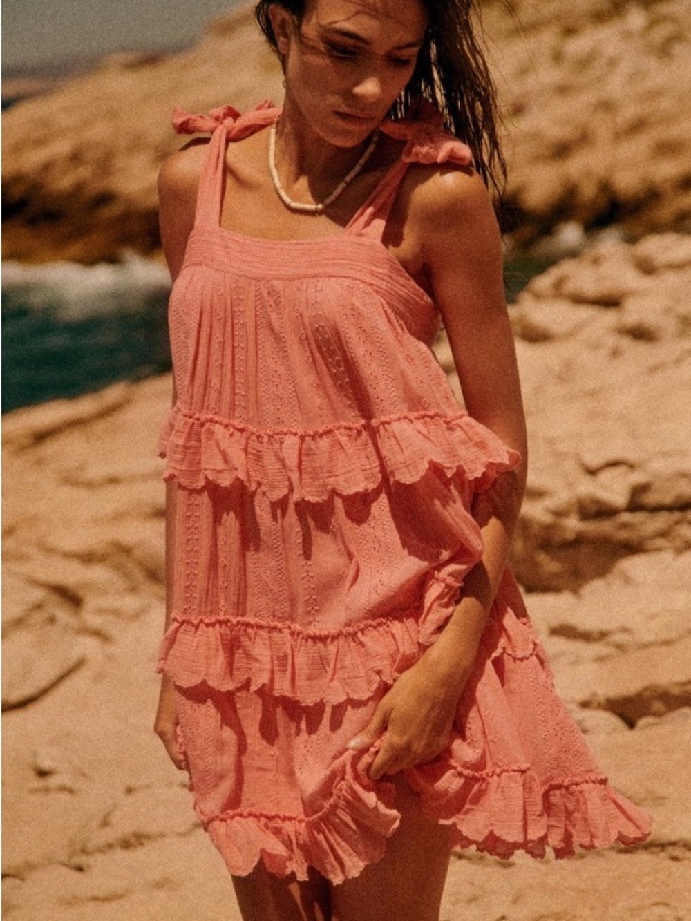 Sezane Oriane Peach Ruffle Tiered Sundress